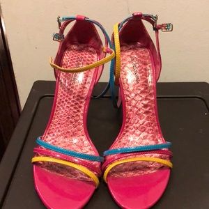 Magenta, teal, yellow strappy heels